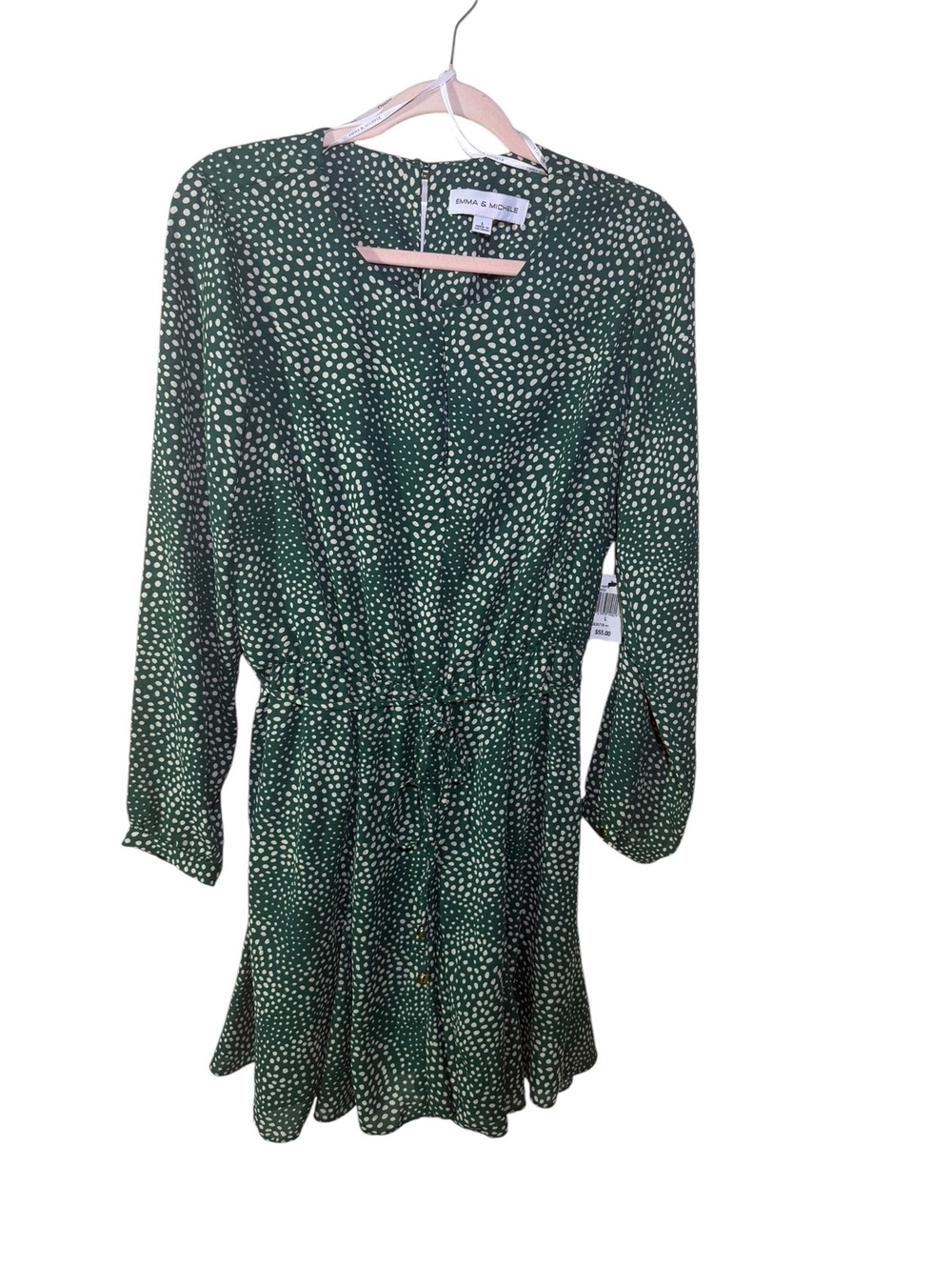 NWT Emma & Michele Green Polka Dot Long Sleeve Mini Dress Size L
